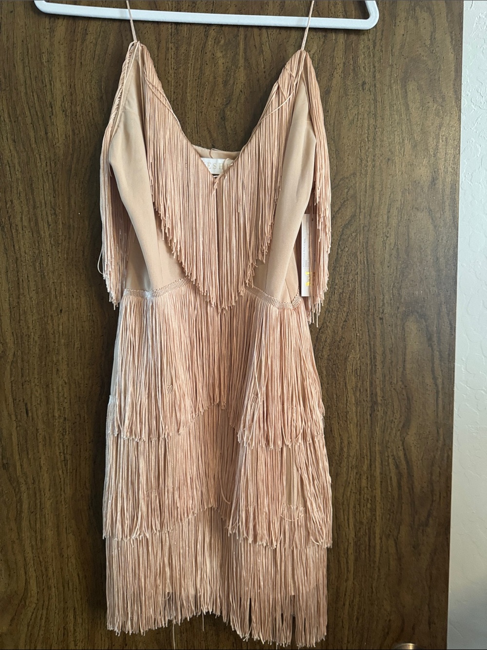 Meshki Blush Fringe Tiered Midi Dress